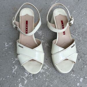 Prada patent leather crisscross kitten, heel platforms